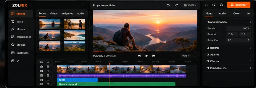 Editor ZOLNIX Studio con monitor, biblioteca multimedia, inspector y timeline multipista